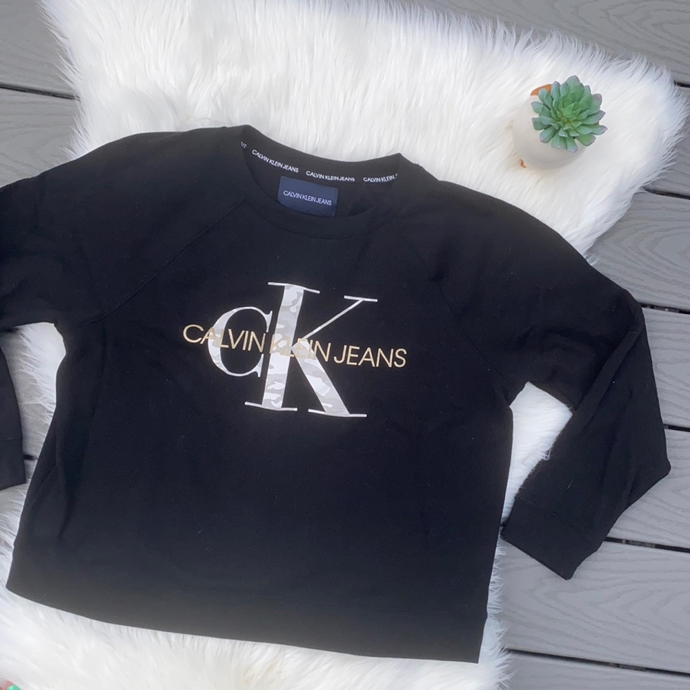 Calvin Klein camo & glitter crew neck sweater
